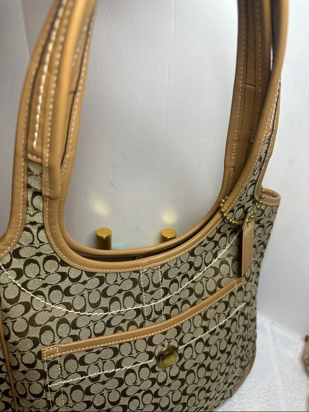 Rare Coach Ergo Khaki Signature mini C’s Canvas Hobo Tote with Caramel Leather - Picture 8 of 13